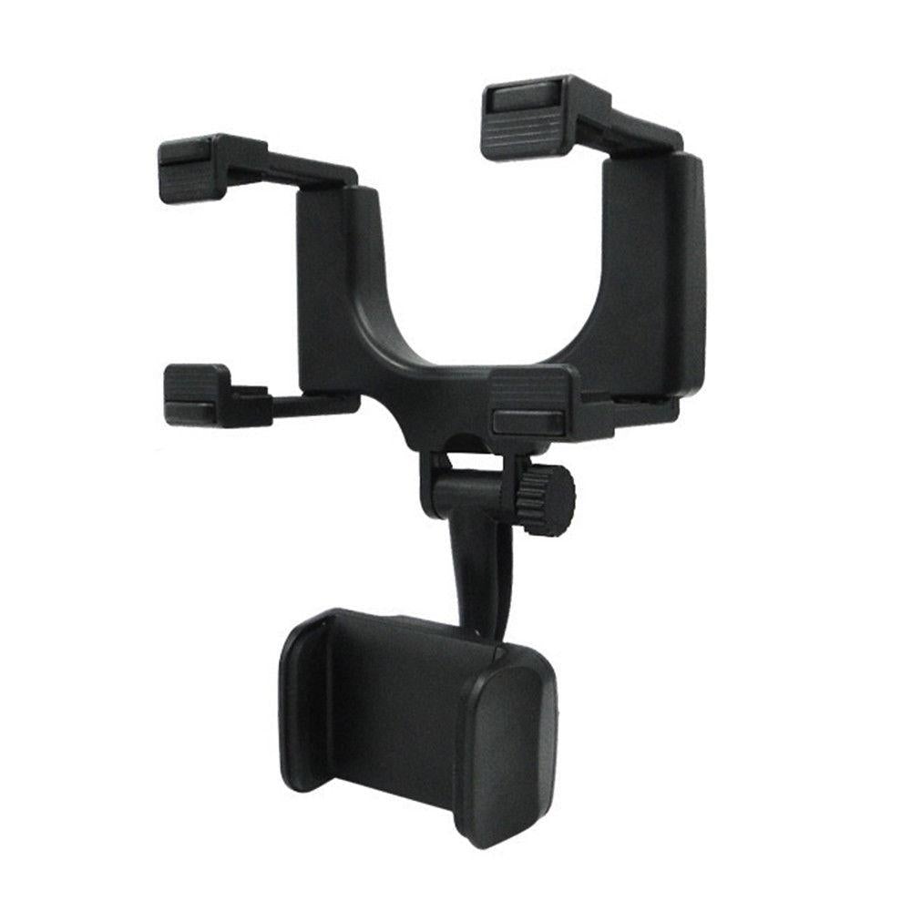 Black plastic 360° rearview mirror phone holder with adjustable arms and central pivot for car use