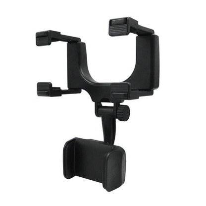 Black plastic 360° rearview mirror phone holder with adjustable arms and central pivot for car use
